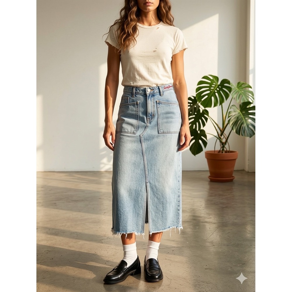 Lucky Brand Womens Denim Maxi Skirt 29 Blue upcyle Boho Y2K Raw Hem Patch Pocket